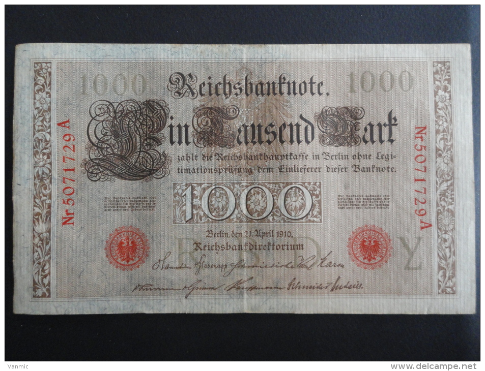 1910 A - 21 Avril 1910 - Billet 1000 Mark - Allemagne - Série A : N° 5071729 A - ReichsBanknote Deutschland Germany - 1000 Mark