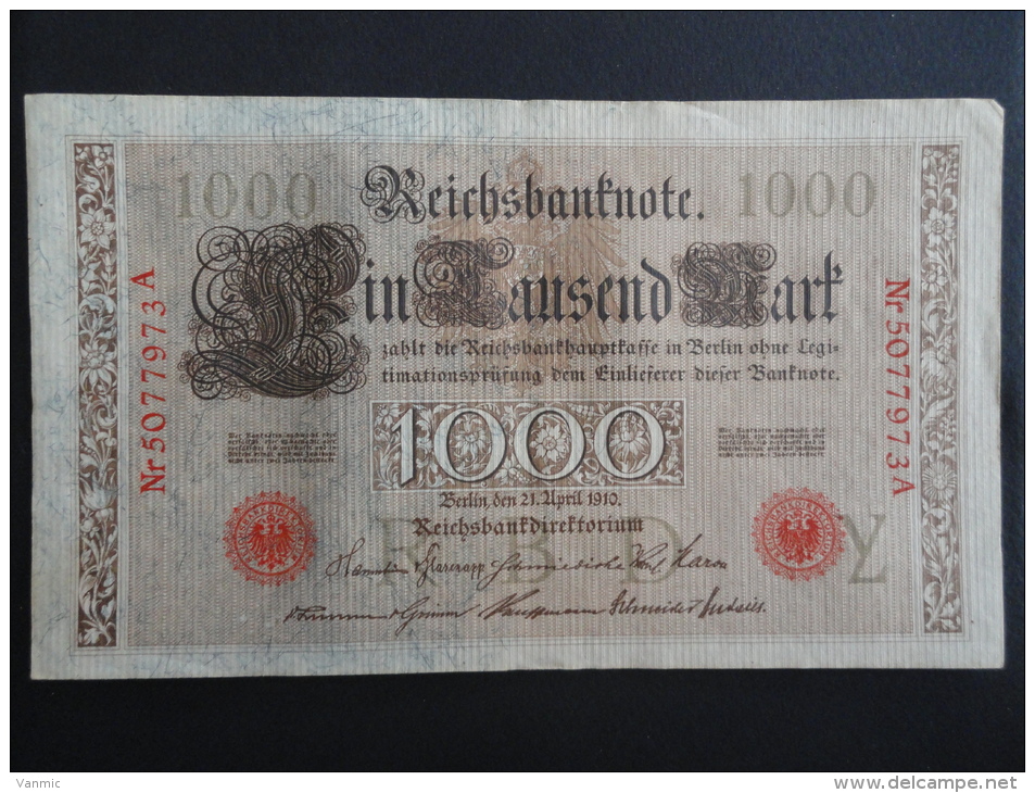 1910 A - 21 Avril 1910 - Billet 1000 Mark - Allemagne - Série A : N° 5077973 A - ReichsBanknote Deutschland Germany - 1000 Mark