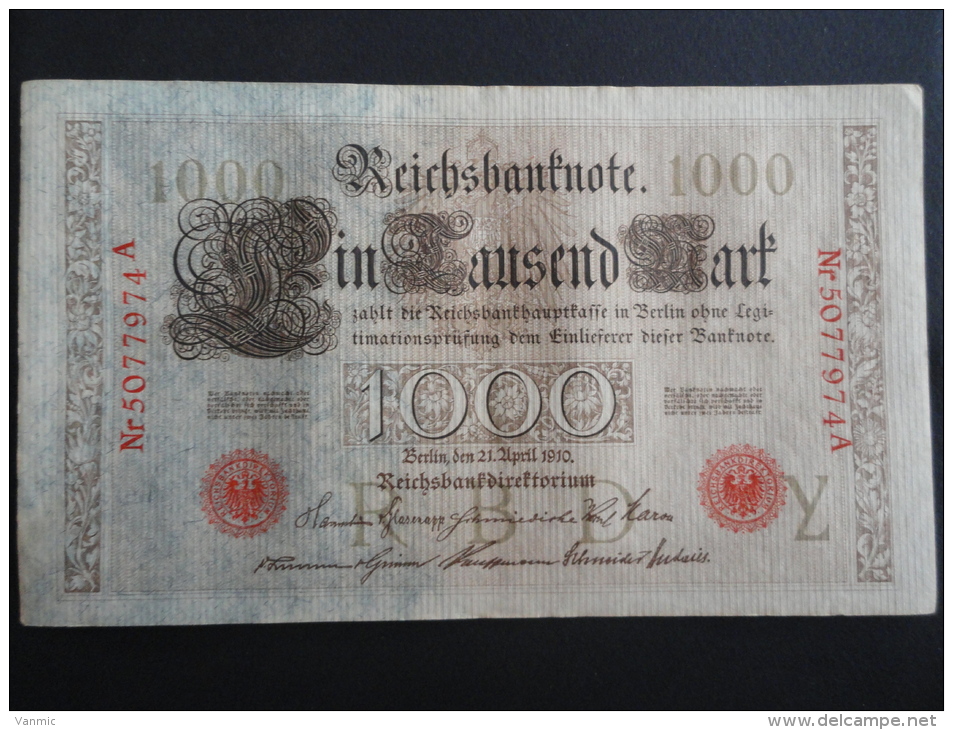 1910 A - 21 Avril 1910 - Billet 1000 Mark - Allemagne - Série A : N° 5077974 A - ReichsBanknote Deutschland Germany - 1000 Mark