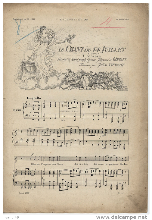 Partition  -Supplément Musical N° 2890- L´Illustration - 16 Juillet 1898 - " Le Chant Du 14 Juillet"(1790) Hymne - Partituras