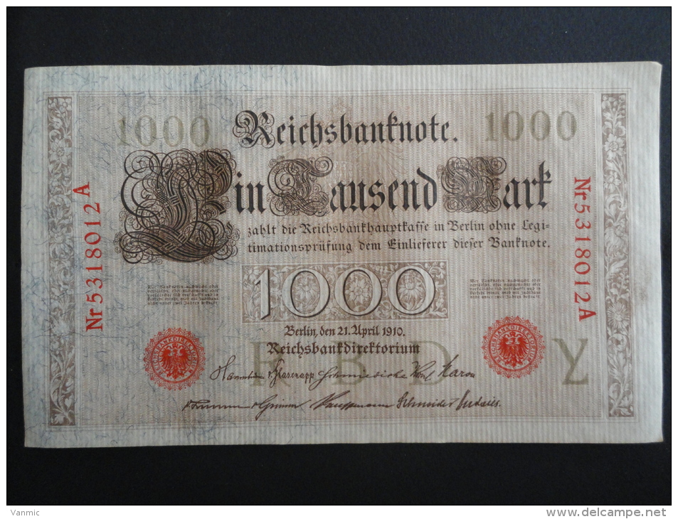 1910 A - 21 Avril 1910 - Billet 1000 Mark - Allemagne - Série A : N° 5318012 A - ReichsBanknote Deutschland Germany - 1000 Mark