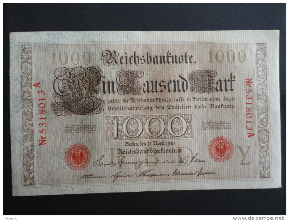 1910 A - 21 Avril 1910 - Billet 1000 Mark - Allemagne - Série A : N° 5318013 A - ReichsBanknote Deutschland Germany - 1000 Mark