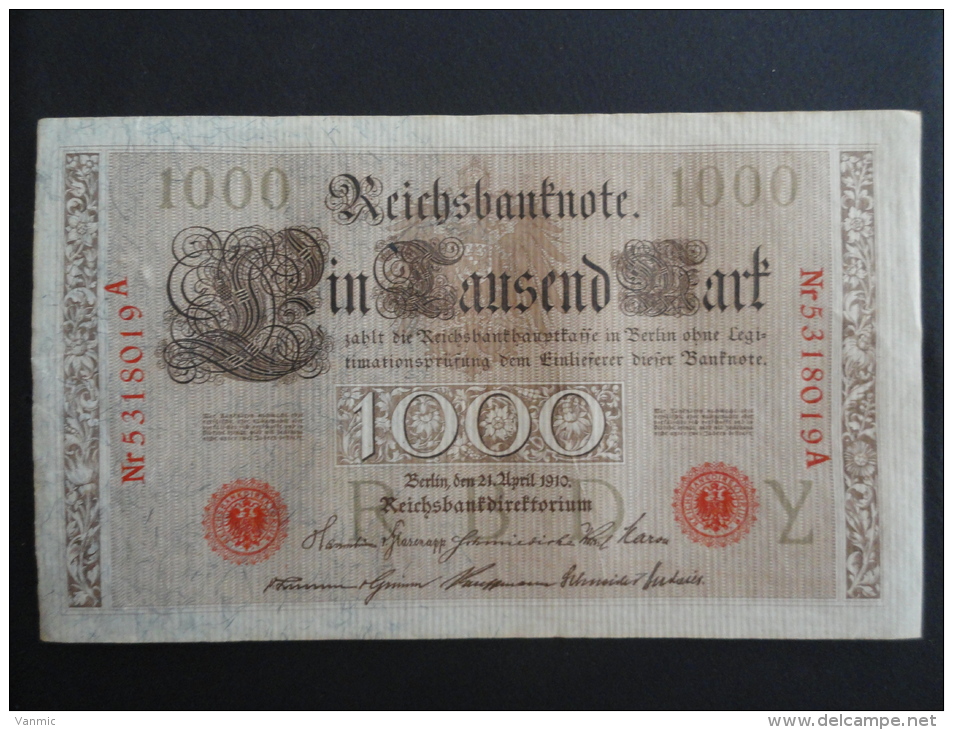 1910 A - 21 Avril 1910 - Billet 1000 Mark - Allemagne - Série A : N° 5318019 A - ReichsBanknote Deutschland Germany - 1000 Mark