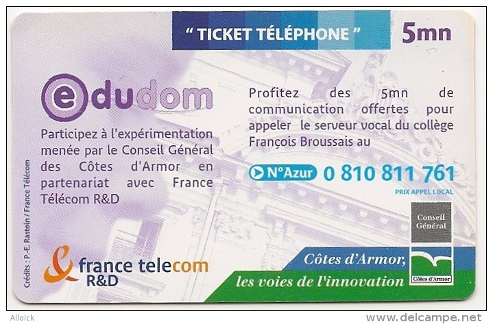 Ticket FT Non Référencé  -  NEUF   -    EDUDOM    -  Collège François Broussais De Dinan  -          5mn    RARE - FT Tickets