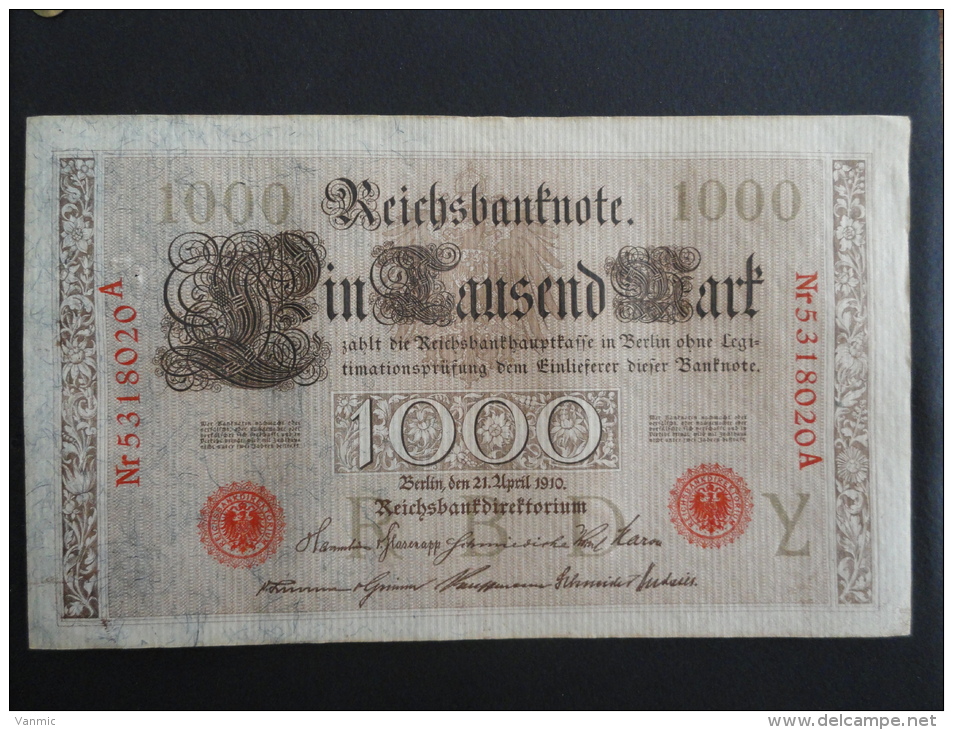 1910 A - 21 Avril 1910 - Billet 1000 Mark - Allemagne - Série A : N° 5318020 A - ReichsBanknote Deutschland Germany - 1000 Mark