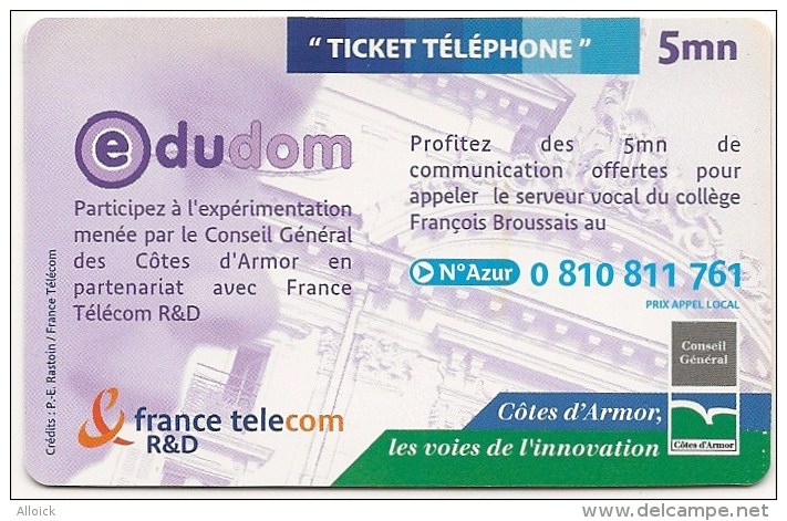 Ticket FT Non Référencé  -  NEUF   -    EDUDOM    -  Collège François Broussais De Dinan  -          5mn    RARE - Tickets FT