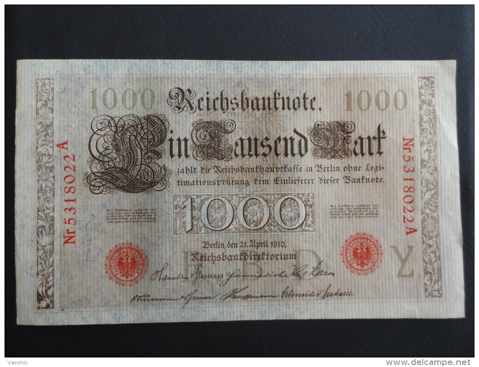 1910 A - 21 Avril 1910 - Billet 1000 Mark - Allemagne - Série A : N° 5318022 A - ReichsBanknote Deutschland Germany - 1000 Mark