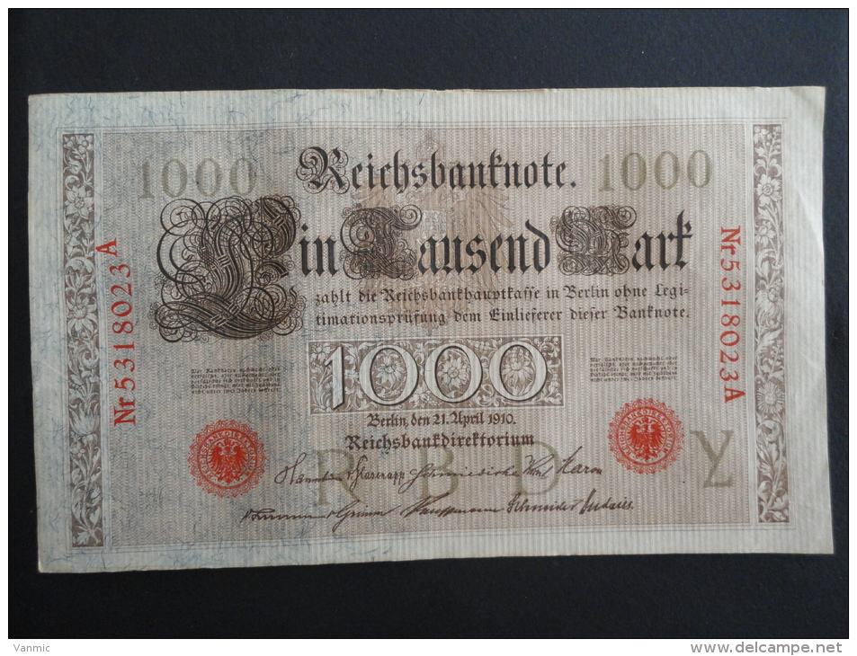 1910 A - 21 Avril 1910 - Billet 1000 Mark - Allemagne - Série A : N° 5318023 A - ReichsBanknote Deutschland Germany - 1.000 Mark