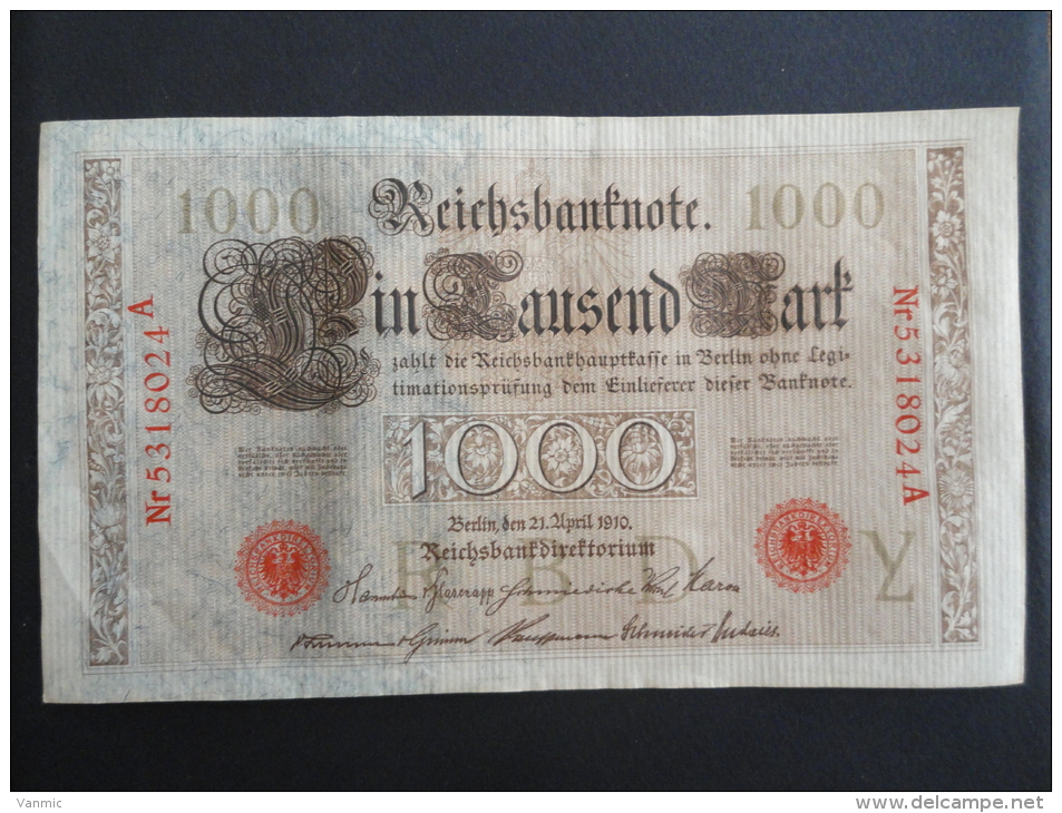 1910 A - 21 Avril 1910 - Billet 1000 Mark - Allemagne - Série A : N° 5318024 A - ReichsBanknote Deutschland Germany - 1.000 Mark