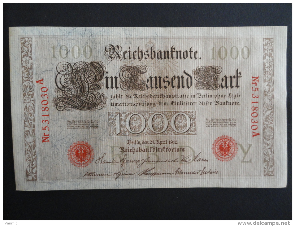 1910 A - 21 Avril 1910 - Billet 1000 Mark - Allemagne - Série A : N° 5318030 A - ReichsBanknote Deutschland Germany - 1000 Mark