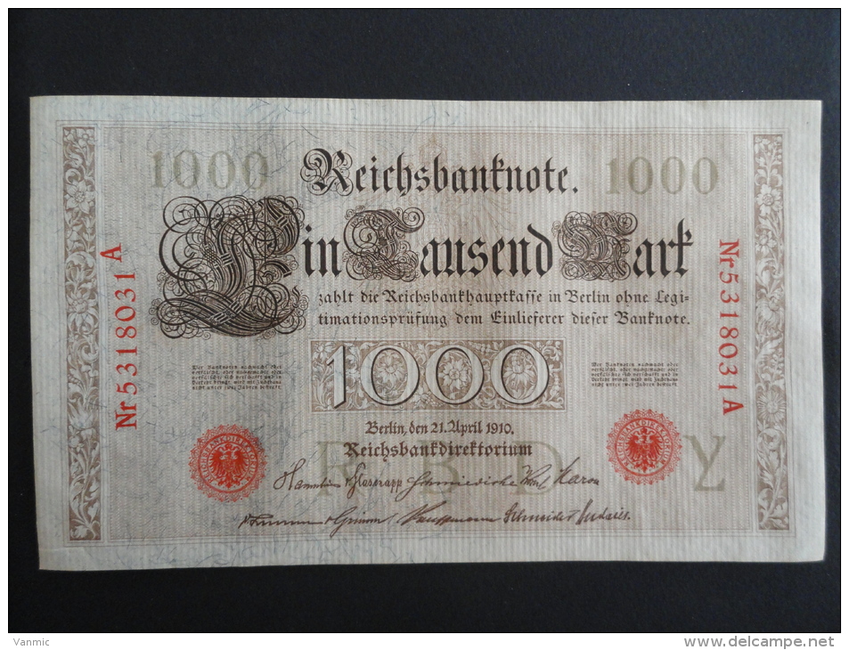 1910 A - 21 Avril 1910 - Billet 1000 Mark - Allemagne - Série A : N° 5318031 A - ReichsBanknote Deutschland Germany - 1.000 Mark