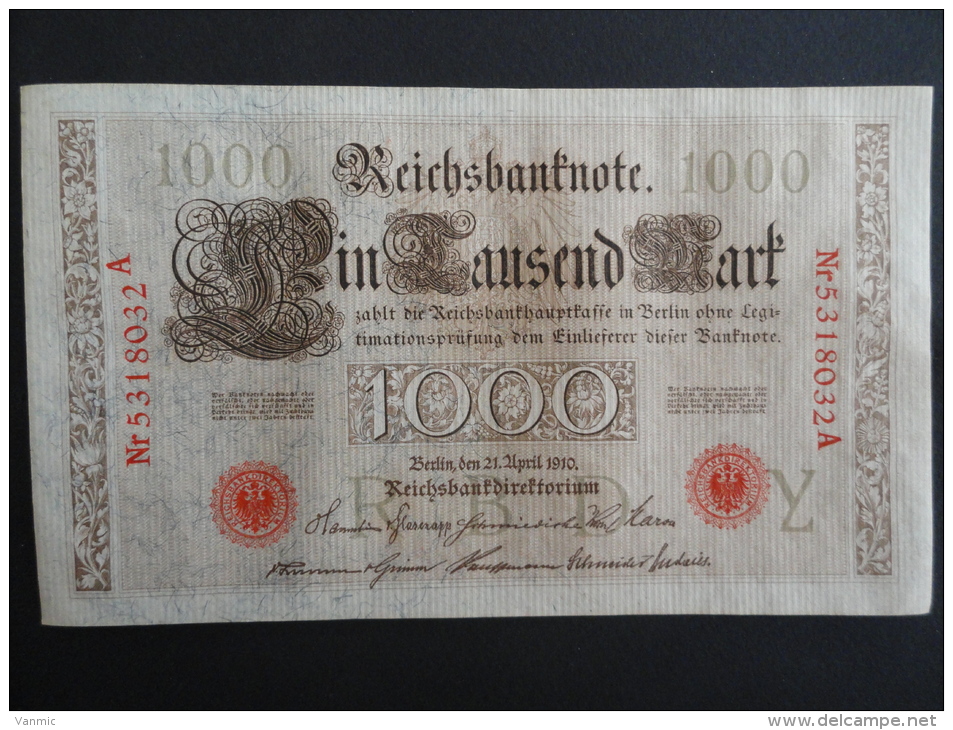 1910 A - 21 Avril 1910 - Billet 1000 Mark - Allemagne - Série A : N° 5318032 A - ReichsBanknote Deutschland Germany - 1000 Mark