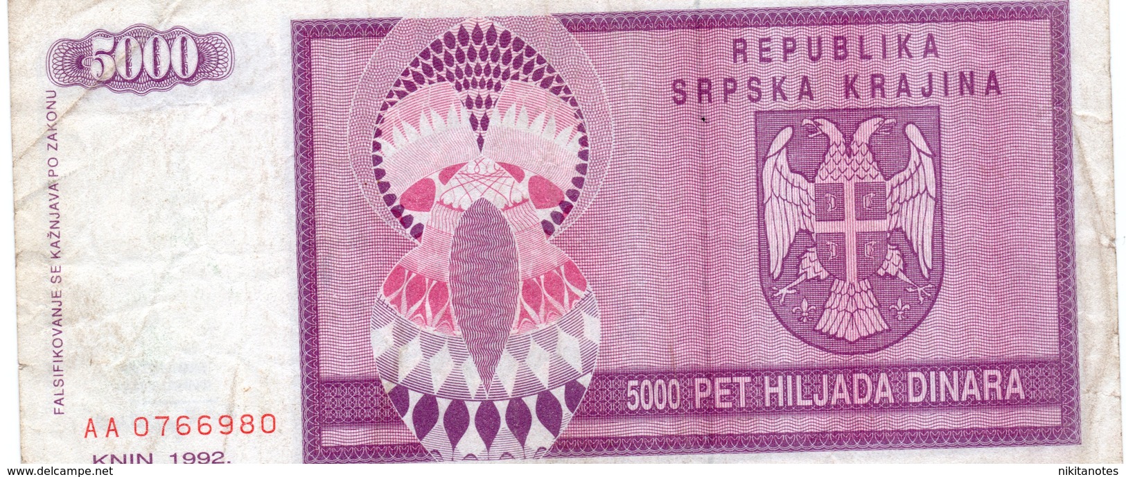 Rep. Srbsca Serbia Krajina - 5000 DINARA 1992  F Vf - P 138 - Serbie