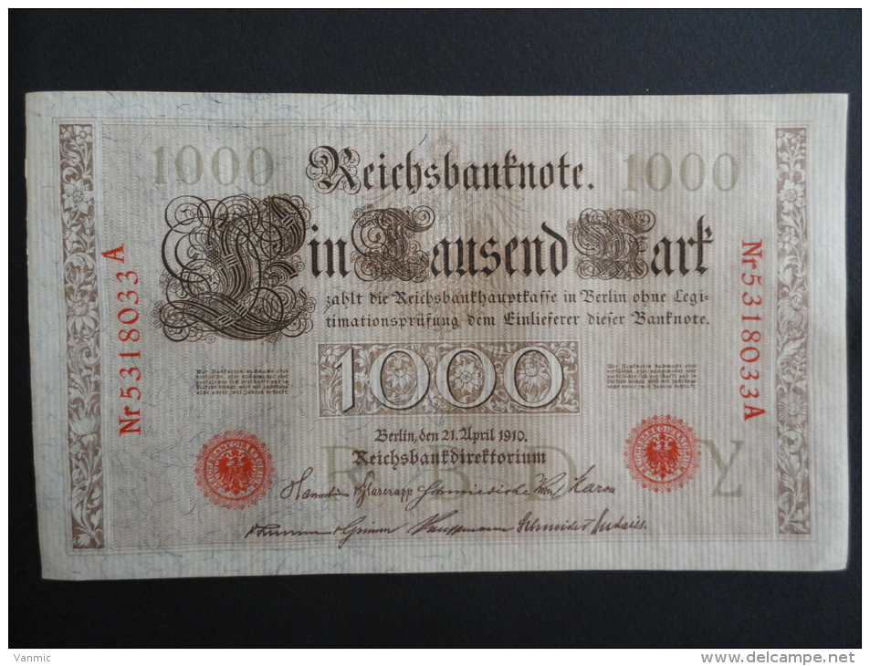 1910 A - 21 Avril 1910 - Billet 1000 Mark - Allemagne - Série A : N° 5318033 A - ReichsBanknote Deutschland Germany - 1000 Mark