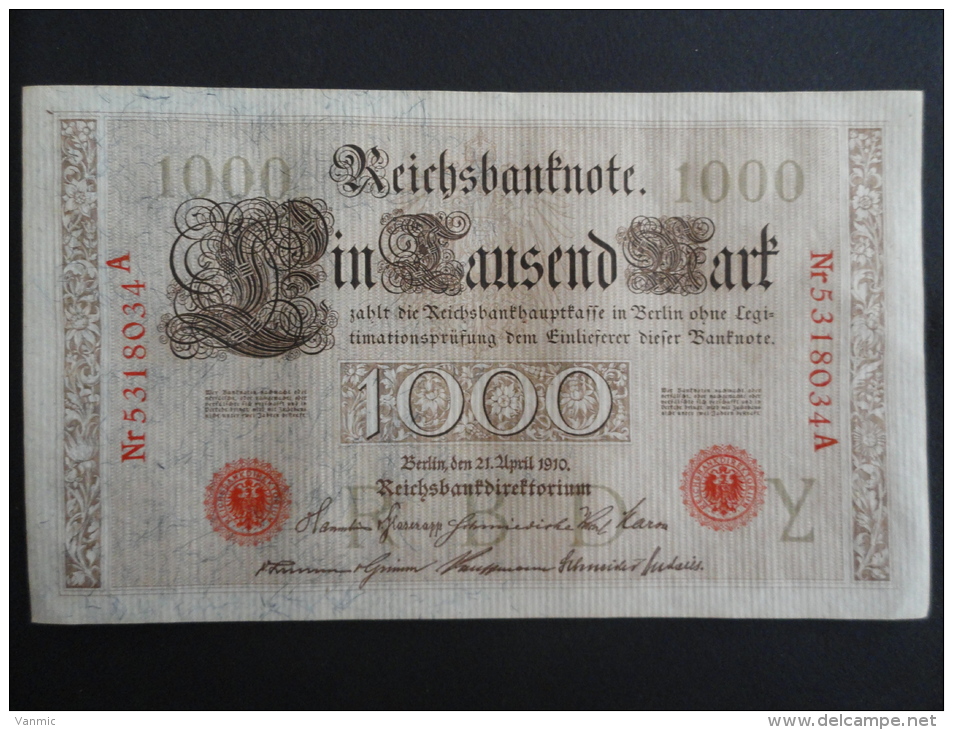 1910 A - 21 Avril 1910 - Billet 1000 Mark - Allemagne - Série A : N° 5318034 A - ReichsBanknote Deutschland Germany - 1.000 Mark