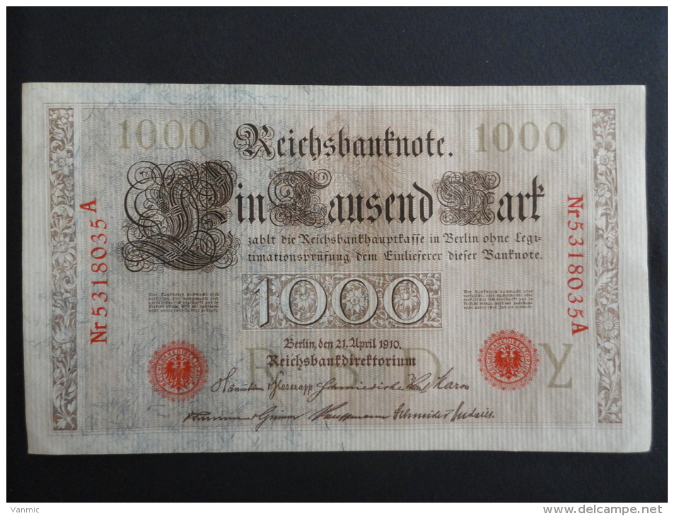 1910 A - 21 Avril 1910 - Billet 1000 Mark - Allemagne - Série A : N° 5318035 A - ReichsBanknote Deutschland Germany - 1.000 Mark