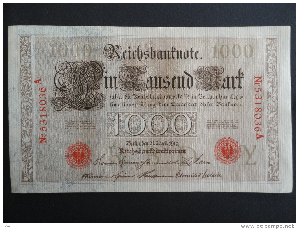 1910 A - 21 Avril 1910 - Billet 1000 Mark - Allemagne - Série A : N° 5318036 A - ReichsBanknote Deutschland Germany - 1000 Mark