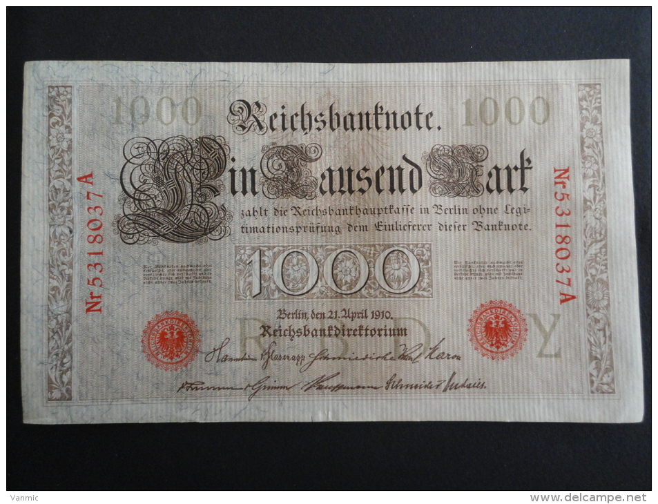 1910 A - 21 Avril 1910 - Billet 1000 Mark - Allemagne - Série A : N° 5318037 A - ReichsBanknote Deutschland Germany - 1.000 Mark