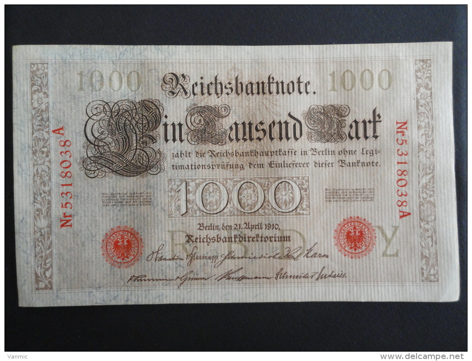 1910 A - 21 Avril 1910 - Billet 1000 Mark - Allemagne - Série A : N° 5318038 A - ReichsBanknote Deutschland Germany - 1000 Mark