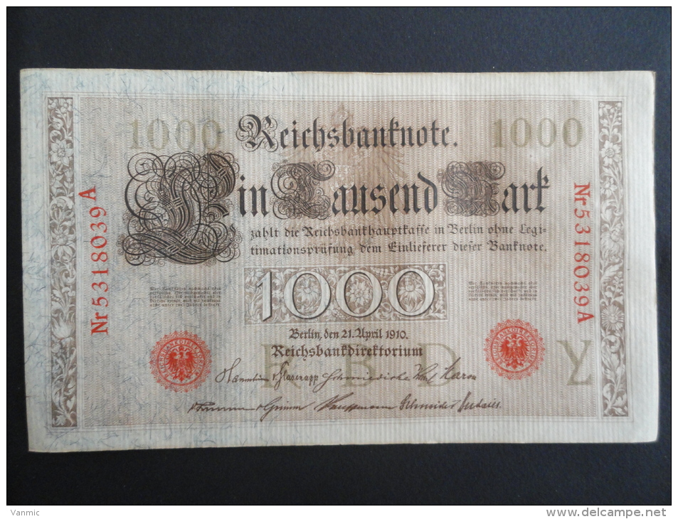 1910 A - 21 Avril 1910 - Billet 1000 Mark - Allemagne - Série A : N° 5318039 A - ReichsBanknote Deutschland Germany - 1000 Mark