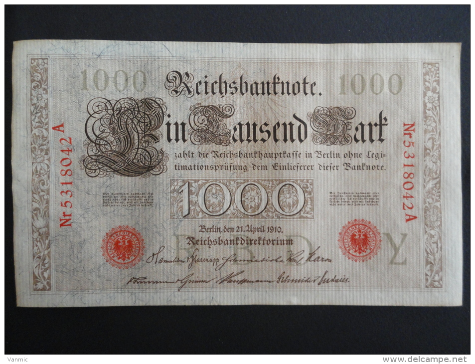 1910 A - 21 Avril 1910 - Billet 1000 Mark - Allemagne - Série A : N° 5318042 A - ReichsBanknote Deutschland Germany - 1.000 Mark