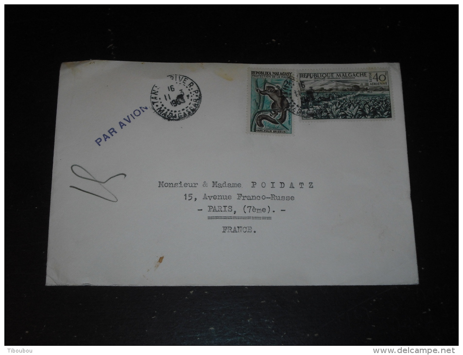 LETTRE MADAGASCAR AVEC YT 357 ET PA 79 - HAPALEMUR GRIS LEMURIEN - CHAMP DE TABAC AGRICULTURE - - Madagascar (1960-...)