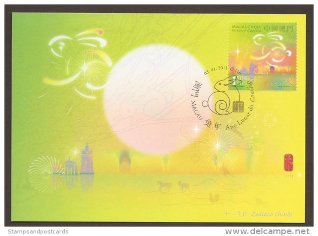 Macau Lapin De Feu Année Lunaire Carte Maximum 2011 Macao Fire Rabbit Lunar Year Maxicard - Astrology