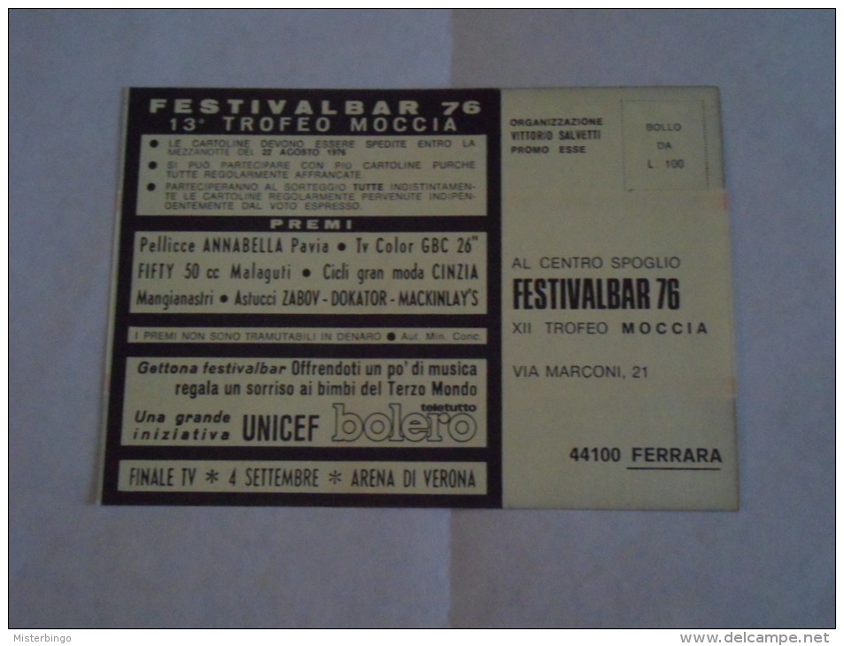 VERONA - CARTOLINA PUBBLICITARIA FESTIVALBAR 1976 - Verona