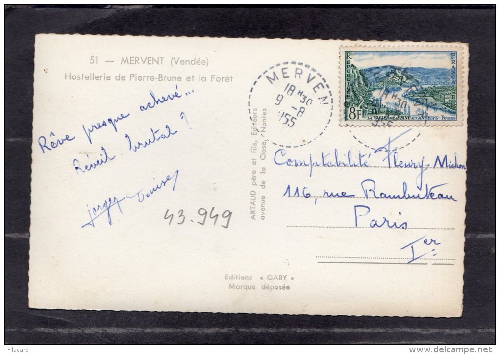 43949     Francia,     Mervent  -   Hostellerie  De   Pierre-Brune  Et  La  Foret,  VG  1955 - Saint Hilaire Des Loges