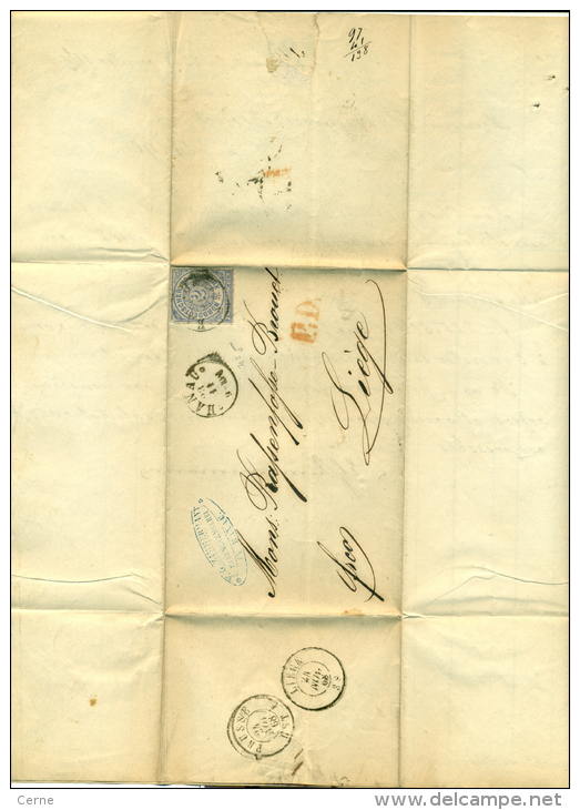 Conf. All. Nord - No 5 Sur Lettre De Hanau Vers Liège Du 24/11/1868, Cachet "PD", "Prusse" Et "Liège" Verso, See Scan - Brieven En Documenten