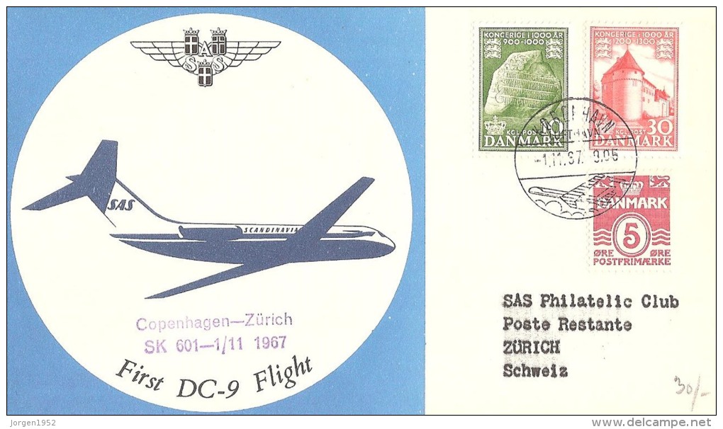 DENMARK  #FIRST DC-9 FLIGHT COPENHAGEN-ZÛRICH 601-1/11 1967 - Interi Postali