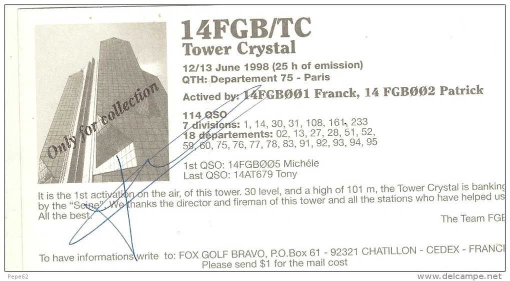 Carte De QSL -tower Crystal--cpm Paris 75-france - CB-Funk