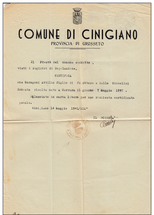 1941 - CINIGIANO / GROSSETO  - FRAZIONALE 30 / 22 -  L3068 - Storia Postale