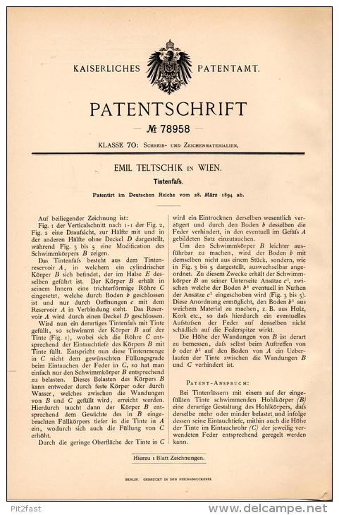 Original Patentschrift - Emil Teltschik In Wien , 1894 , Tintenfaß , Tinte , Tintenfass !!! - Tintenfässer