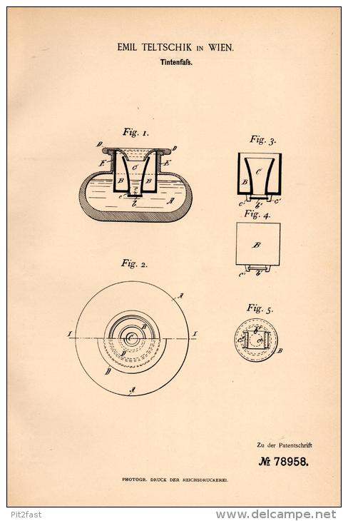 Original Patentschrift - Emil Teltschik In Wien , 1894 , Tintenfaß , Tinte , Tintenfass !!! - Encriers