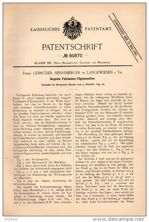 Original Patentschrift - Gebr. Herrnberger In Langewiesen I. Th., 1894 , Faßdauben - Fügemaschine , Tischlerei , Ilmenau - Maschinen