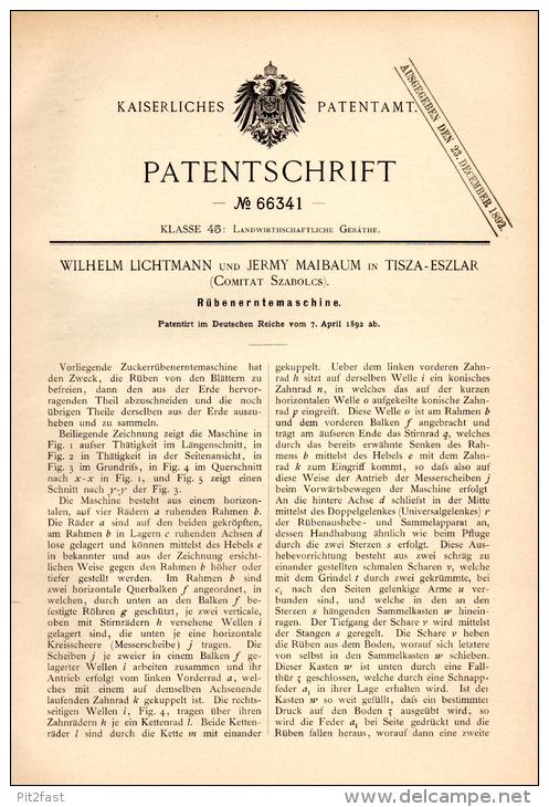 Original Patentschrift - W. Lichtmann Und J. Maibaum In Tiszaeszlár , 1892 , Erntemaschine , Agrar , Jewish , Jude !!! - Machines