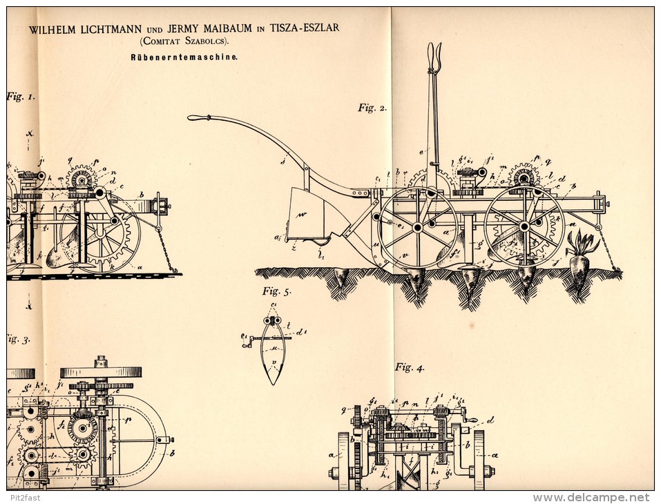 Original Patentschrift - W. Lichtmann Und J. Maibaum In Tiszaeszlár , 1892 , Erntemaschine , Agrar , Jewish , Jude !!! - Maschinen