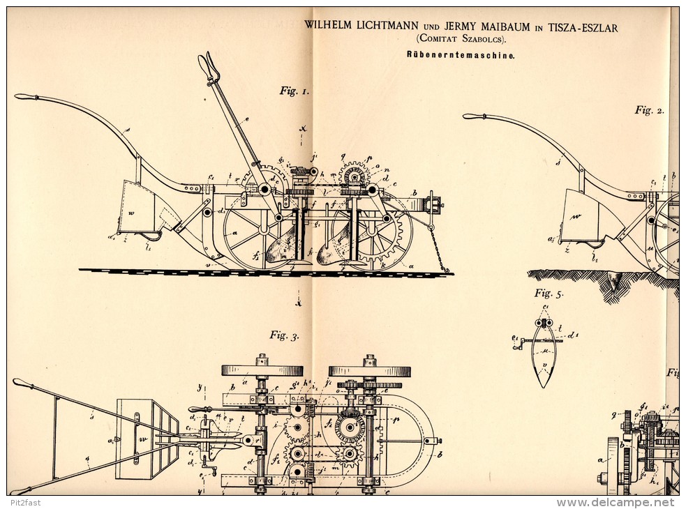 Original Patentschrift - W. Lichtmann Und J. Maibaum In Tiszaeszlár , 1892 , Erntemaschine , Agrar , Jewish , Jude !!! - Maschinen