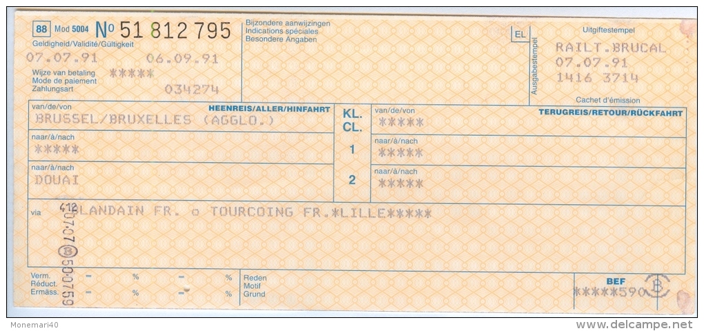 TICKET - Voyage En Train De Bruxelles (Belgique) à Douai (France) Le 7 Juillet 1991. - Europe