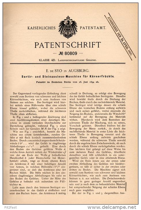 Original Patentschrift - E. De Syo In Augsburg ,1894, Steinauslesemaschine Für Körnerfrüchte , Agrar , Landwirtschaft !! - Maschinen