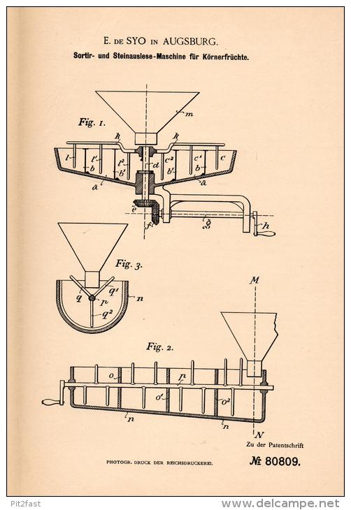 Original Patentschrift - E. De Syo In Augsburg ,1894, Steinauslesemaschine Für Körnerfrüchte , Agrar , Landwirtschaft !! - Maschinen