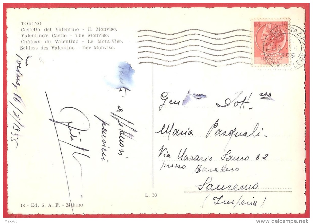 CARTOLINA VG ITALIA - TORINO - Castello Del Valentino E Monviso - ACQUARELLATA - 10 X 15 - ANNULLO TORINO 1955 - Castello Del Valentino