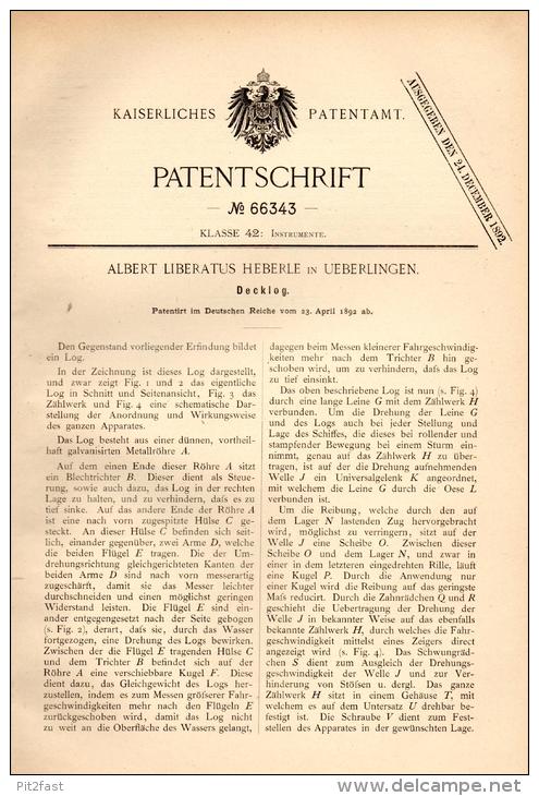 Original Patentschrift - A. Heberle In Überlingen , 1892 , Decklog , Apparat , Instrument , Log !!! - Historische Dokumente