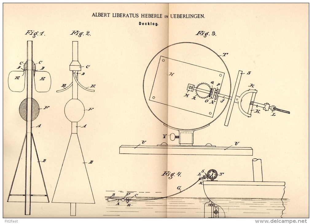 Original Patentschrift - A. Heberle In Überlingen , 1892 , Decklog , Apparat , Instrument , Log !!! - Historische Dokumente