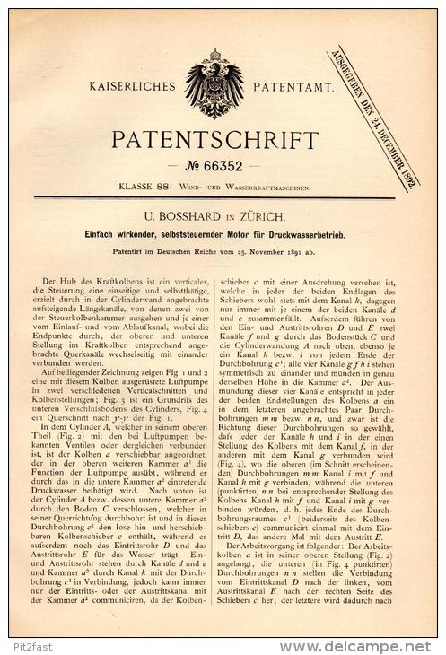 Original Patentschrift - U. Bosshard In Zürich , 1891 , Motor Für Druckwasserbetrieb , Wasserwerk , Wasser , Pumpe !!! - Tools