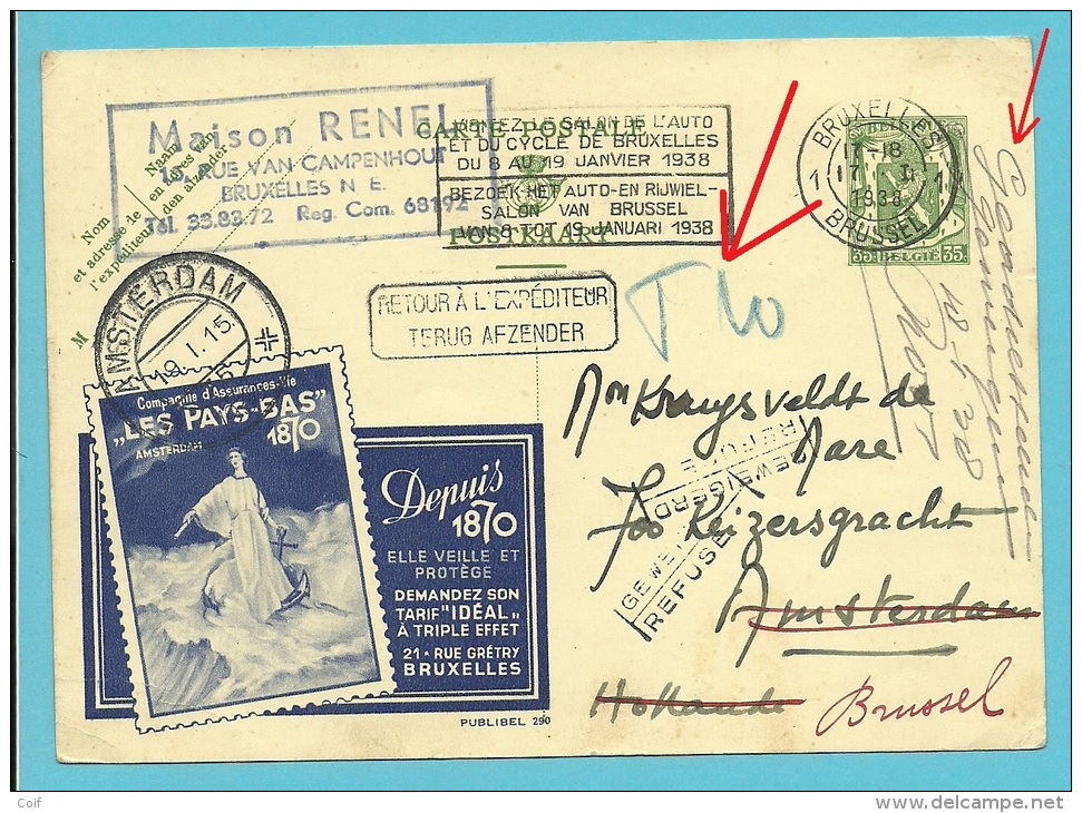 Publibel 290 Met Stempel BRUXELLES Naar Amsterdam (Nederland) "potlood T10" (taxe) , Stempel REFUSE/GEWEIGERD + RETOUR.. - Publibels