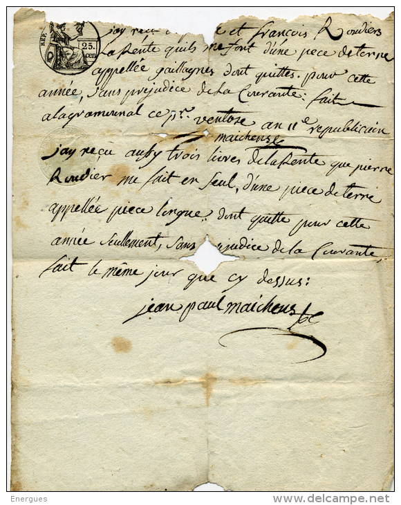 Bordes Sur Arize, Ariège,La Gramounal,  Recu, Papier Timbré, Cachet  ,Roudier,Maichens ,Révolution - Matasellos Generales