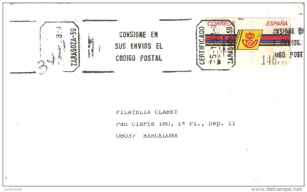 CARTA 1993 CERTIFICADA ZARAGOZA  MAT.RODILLO  DE CERTIFICADO  ETIQUETA - Covers & Documents