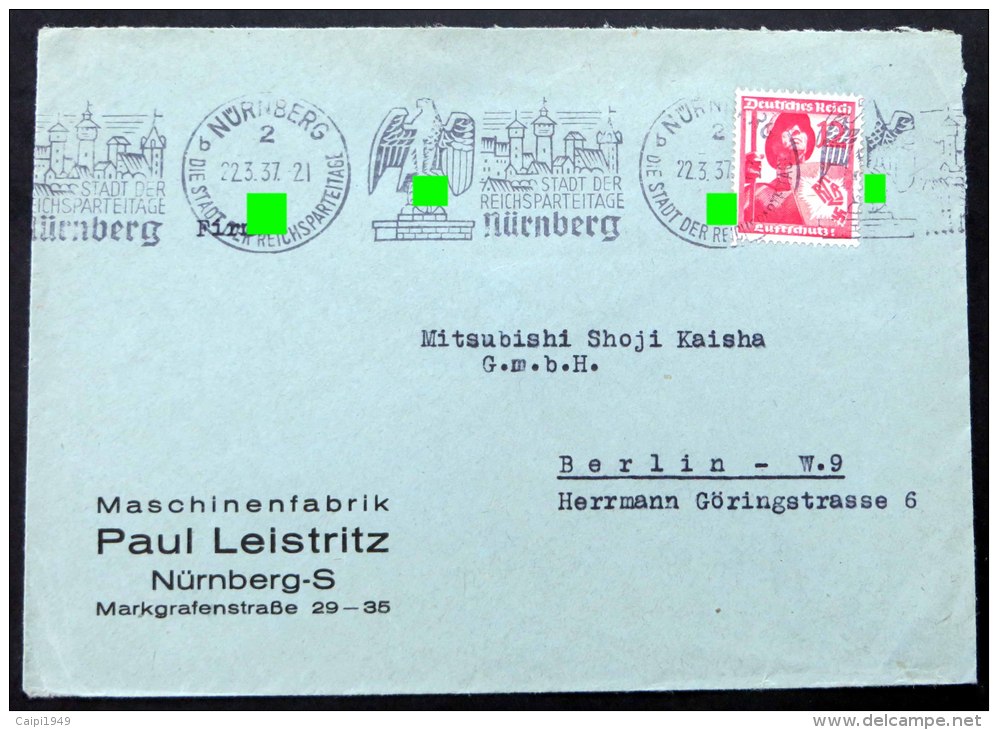 Nürnberg Die Stadt Der Reichsparteitage, Propagandastempel Auf Umschlag Nach Berlin - Briefe U. Dokumente